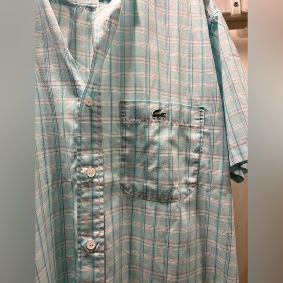 LACOSTE short sleeve blue plaid button up shirt, men’s medium 💯 cotton - Picture 2 of 12